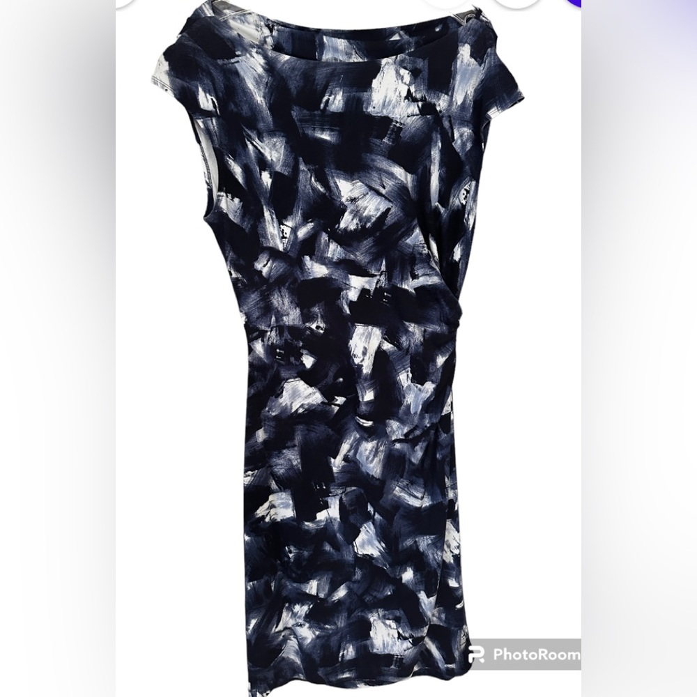 Lafayette 148 New York Blue & White Brushstroke, Ruched Front Dress, size 8